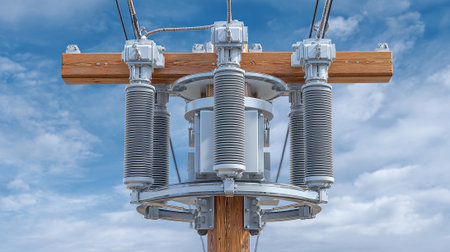High voltage transformer on a wooden pole against a cloudy sky. 3d renderの素材
