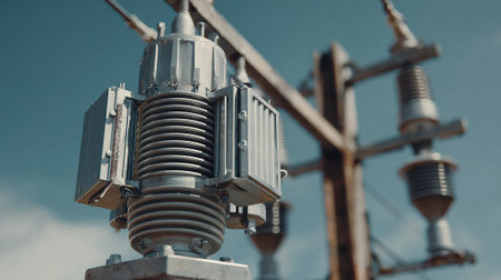 High voltage power transformer on a high voltage substation. Selective focus.の素材
