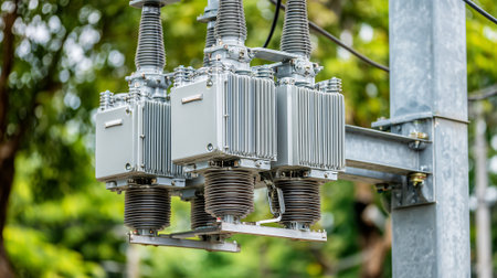 High voltage transformer in the garden. Electricity distribution station. Electricity distribution station.の素材
