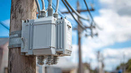 Electrical equipment on a wooden pole with blue sky in the backgroundの素材