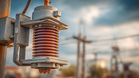 Electricity distribution transformer on the substation. Selective focus.の素材