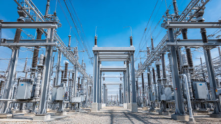 High voltage electric substation with transformers and high voltage power linesの素材