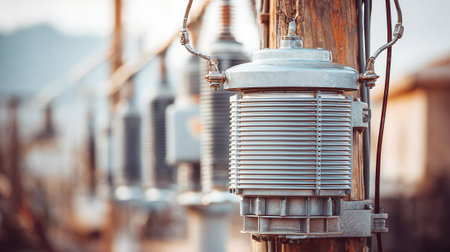 High voltage power transformer substation. Selective focus with shallow depth of field.の素材