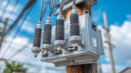High voltage power transformer on pole with blue sky and white cloud backgroundの素材