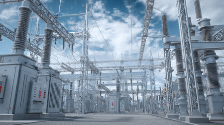 High voltage power lines in a substation. 3D rendering.の素材