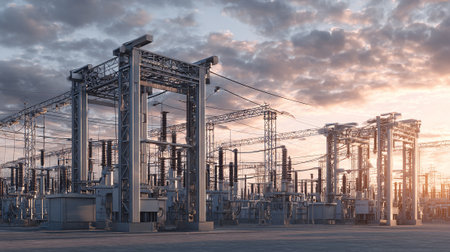 Industrial landscape with high-voltage substation at sunset.の素材