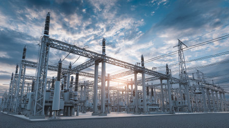 High-voltage substation at sunset, closeup of photoの素材