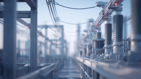 High voltage power transformer substation. Electricity distribution station. 3d renderの素材