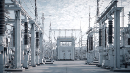 High voltage electric substation with high voltage power lines and transformers.の素材