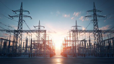 High-voltage power lines at sunset. 3d render.の素材