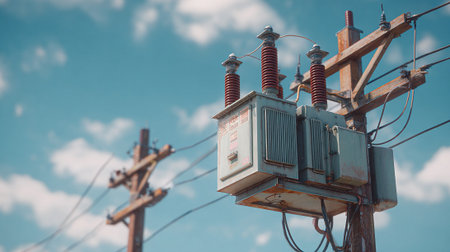 Electricity post with blue sky and white cloud background - vintage filterの素材