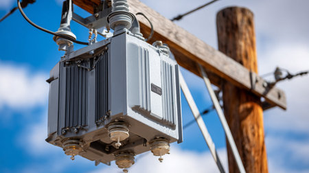 Power transformer on a wooden pole against the blue sky with clouds.の素材