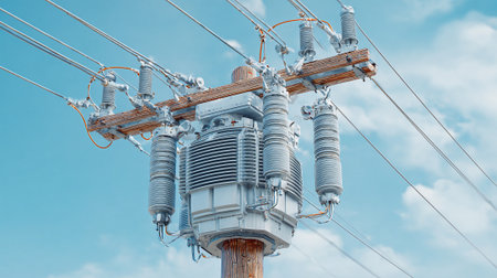 High voltage electric pole with blue sky and white clouds background. Electrical equipment.の素材