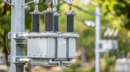 High voltage power transformer in the garden. Selective focus with shallow depth of field.の素材