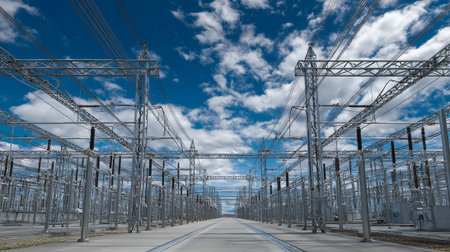 High-voltage substation with blue sky and white clouds.の素材