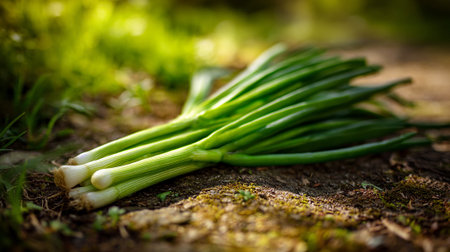 Bunch of Fresh Spring Onions Laying on the Mossy Groundの素材
