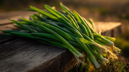 Fresh green onions resting on wooden surface bathed in golden sunlightの素材