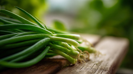 Vibrant Green Onions Displayed on Rustic Wooden Plank in Natural Lightの素材