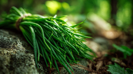 Freshly Harvested Chives Bundle Resting on Natural Stone Surface Outdoorsの素材