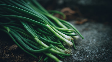 Fresh Green Onions Harvested and Ready for Cooking on Textured Surfaceの素材