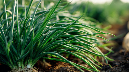 Lush Green Onions Growing in Soil, Cultivating Fresh Produce In The Gardenの素材