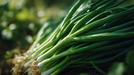 Freshly Harvested Spring Onions Displaying Vibrant Green Stalks and Root System Detailの素材