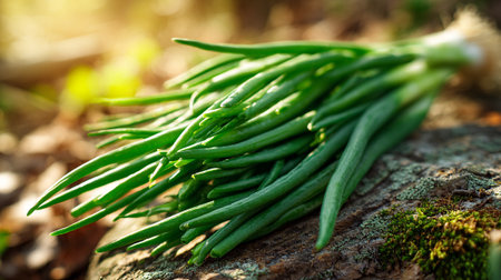 Fresh Green Onion Bunch Displayed on Rustic Wood Surface with Mossの素材