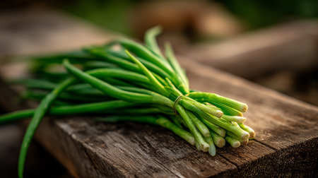 Fresh Green Onions: A Bunch Tied on Rustic Wood Surfaceの素材