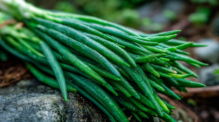 Freshly Harvested Bunch of Vibrant Green Chives Resting on a Rockの素材