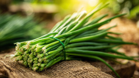 Freshly Harvested Green Onions Bundle Displayed on Burlap Fabric with Bokehの素材