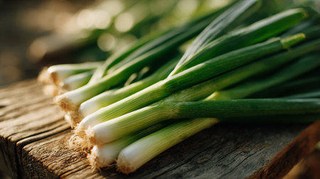 Freshly Harvested Green Onions Resting on Rustic Wooden Table Surfaceの素材