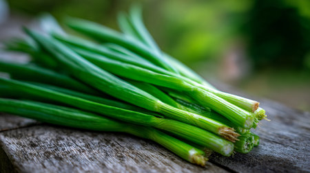 Fresh green onions resting on a rustic wooden surface outdoors, vibrant greens.の素材