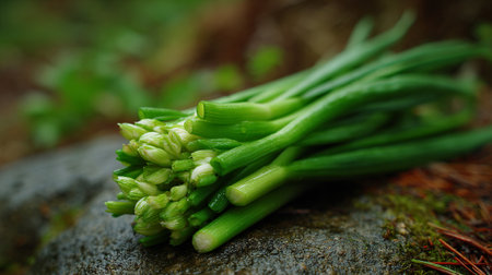 Freshly Harvested Green Onions Bundled on a Weathered Stone Surfaceの素材