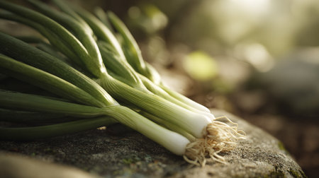 Fresh Spring Onions Resting on a Weathered Stone Slab in Sunlightの素材