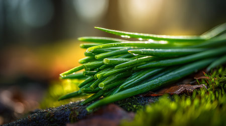 Freshly Cut Chives with Dewdrops, Displaying Culinary Herb Beauty in Natureの素材