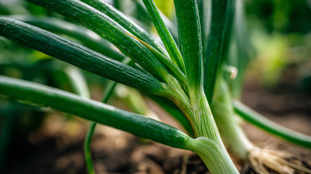 Vibrant green onions growing from the earth in a garden setting.の素材