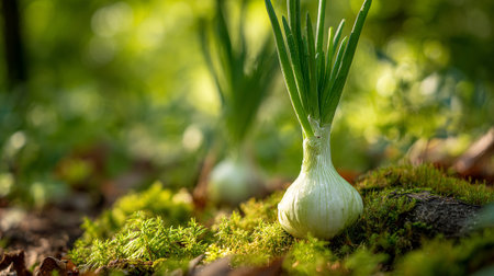 Fresh green onions growing on mossy ground in a natural settingの素材