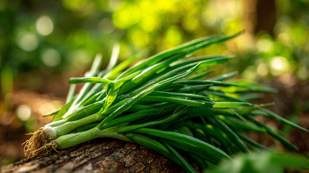 Freshly Harvested Spring Onions Resting on a Weathered Log in Natural Lightの素材