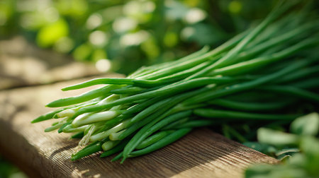 Freshly harvested green onions on rustic wooden board in natural light.の素材