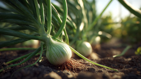 Growing Onions in Rich Soil Under a Bright Sunny Skyの素材