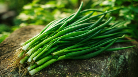 Freshly Harvested Spring Onions on Rustic Stone Surface with Natural Lightの素材