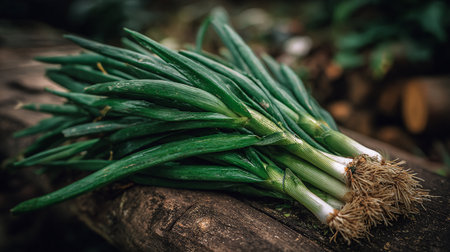 Freshly harvested scallions with vibrant green tops and earthy roots resting outdoors.の素材