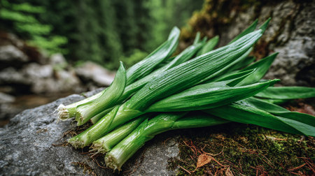 Fresh Spring Onions on Mossy Rock in Lush Green Forestの素材