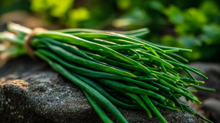 Freshly Harvested Green Onions Resting on a Rustic Stone Surfaceの素材