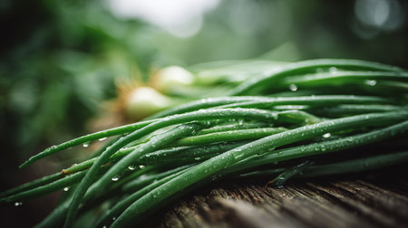 Fresh green onions still wet resting on a weathered wooden surface.の素材