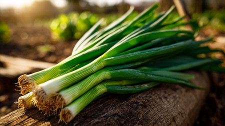 Freshly harvested green onions lie on a weathered wooden surface in the gardenの素材