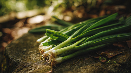 Fresh Green Onions Displayed on a Natural Stone Surface Outdoorsの素材