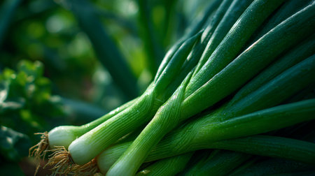 Freshly harvested bunch of vibrant green scallions or spring onionsの素材