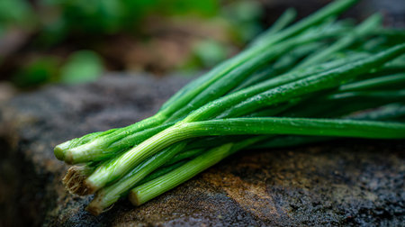 Freshly Harvested Green Onions Displayed on a Rustic Stone Surfaceの素材