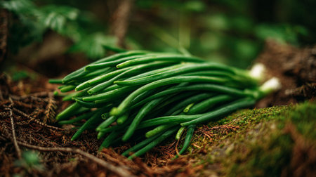 Freshly Harvested Green Onions Laying on Moss and Needles in the Forestの素材